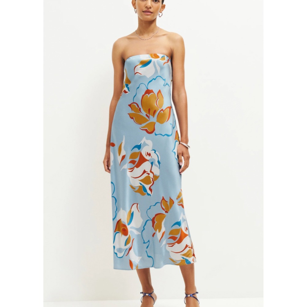 Reformation Joana Silk Strapless Dress Hyperion Blue Floral Midi Womens XL